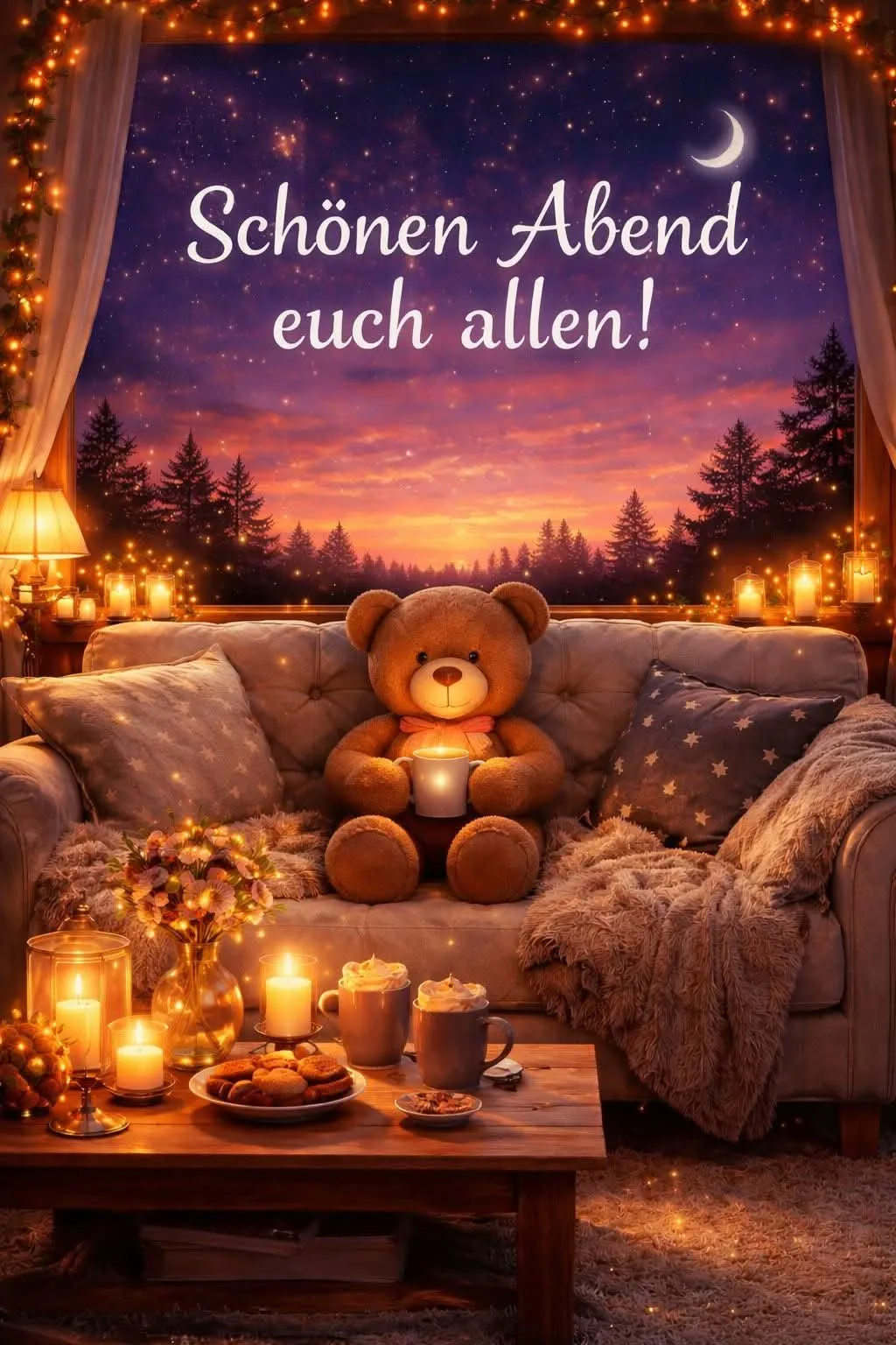 Ein gemütlicher Teddybär sitzt auf einem Sofa vor einem Fenster mit sternenklarem Abendhimmel und Mond. Kerzenlicht, heiße Getränke und Gebäck schaffen eine warme, entspannte Abendstimmung.